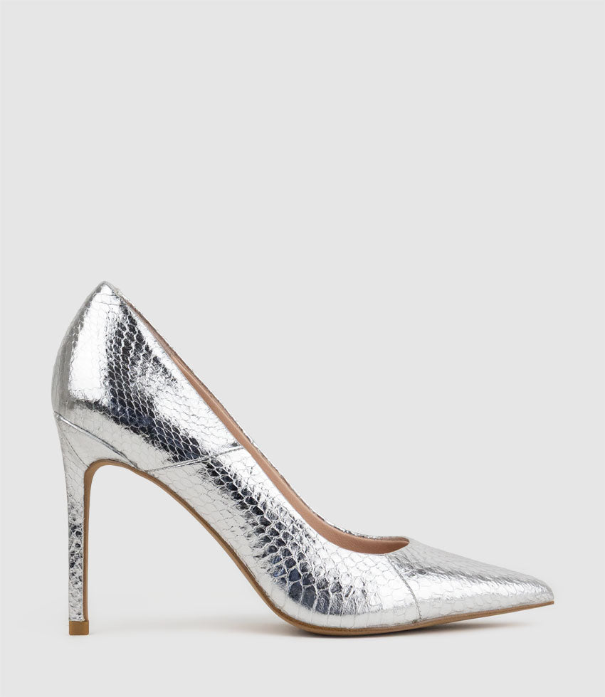 ALLEGRA100 Pointed Stiletto Pump in Silver Snake - Edward Meller