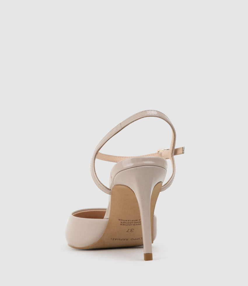 ATTICUS85 Open Waist Pump with Ankle Strap in Blush Patent | Edward Meller
