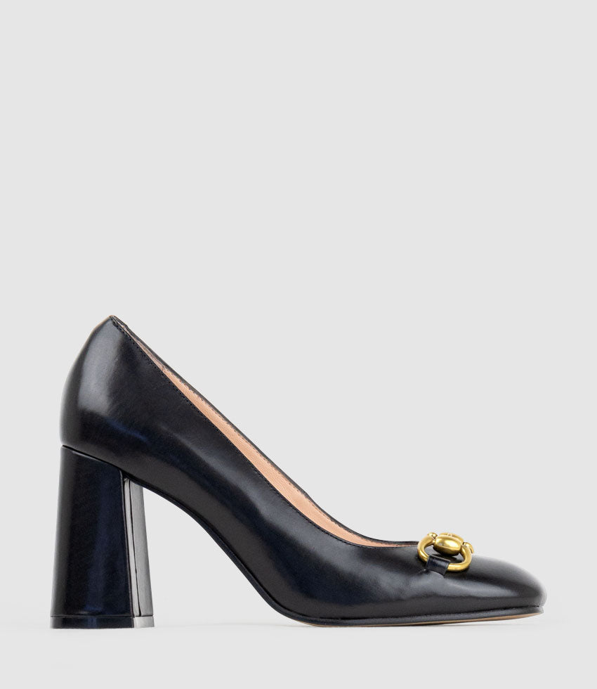 BAILEY85 Block Heel Pump with Trim in Black Calf - Edward Meller