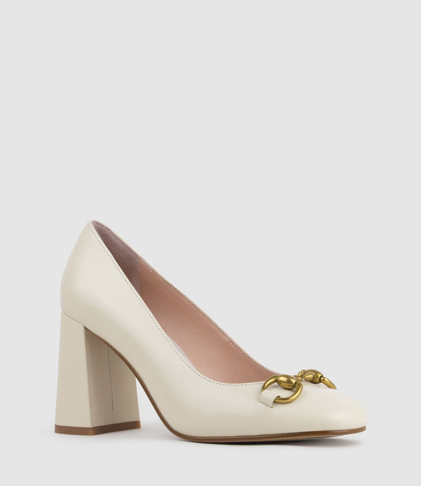 BAILEY85 Block Heel Pump with Trim in Bone Calf - Edward Meller