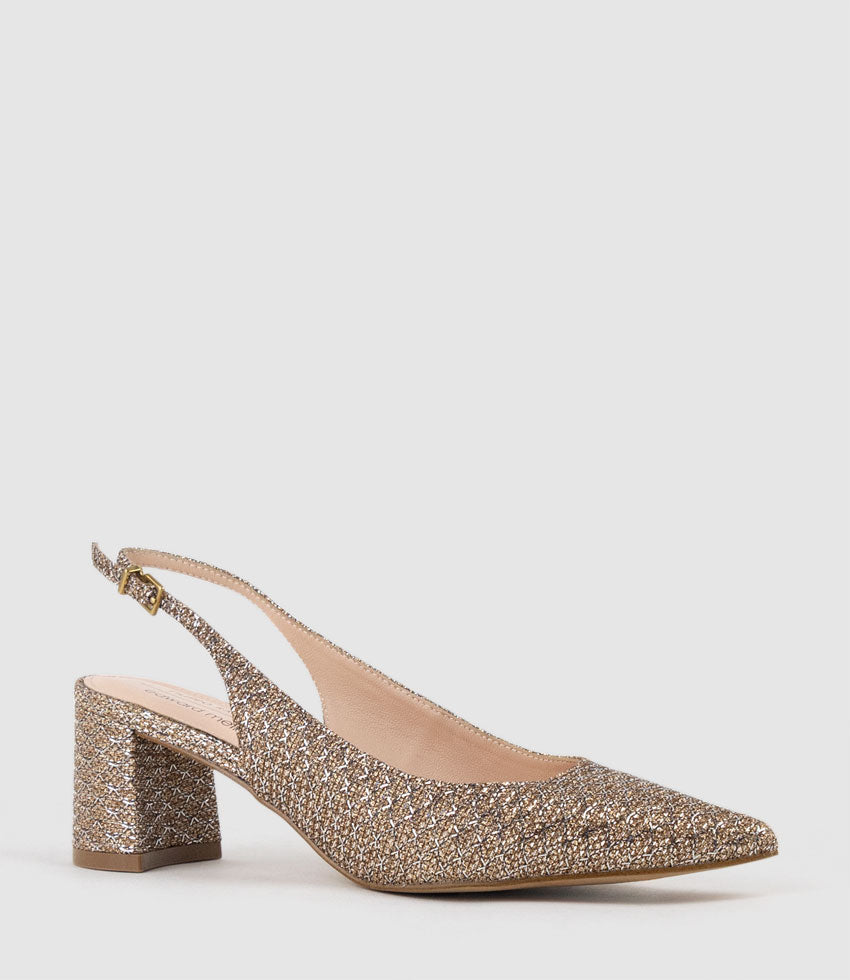 BARI55 Block Heel Slingback Pump in Copper Metallic Fabric - Edward Meller