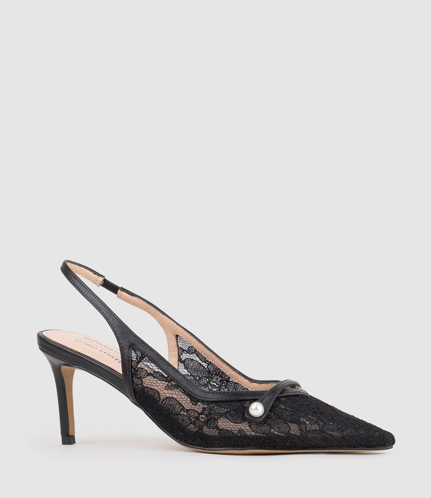 DAMINA70 Lace Slingback with Pearl in Black - Edward Meller
