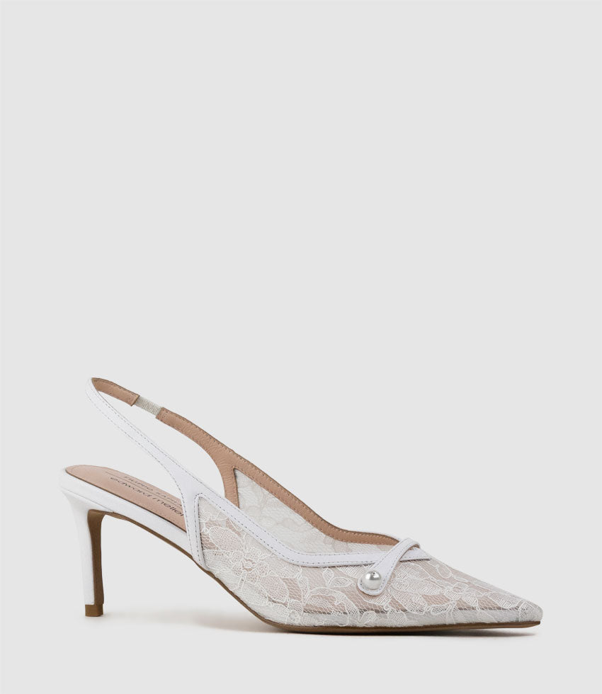 DAMINA70 Lace Slingback with Pearl in White - Edward Meller