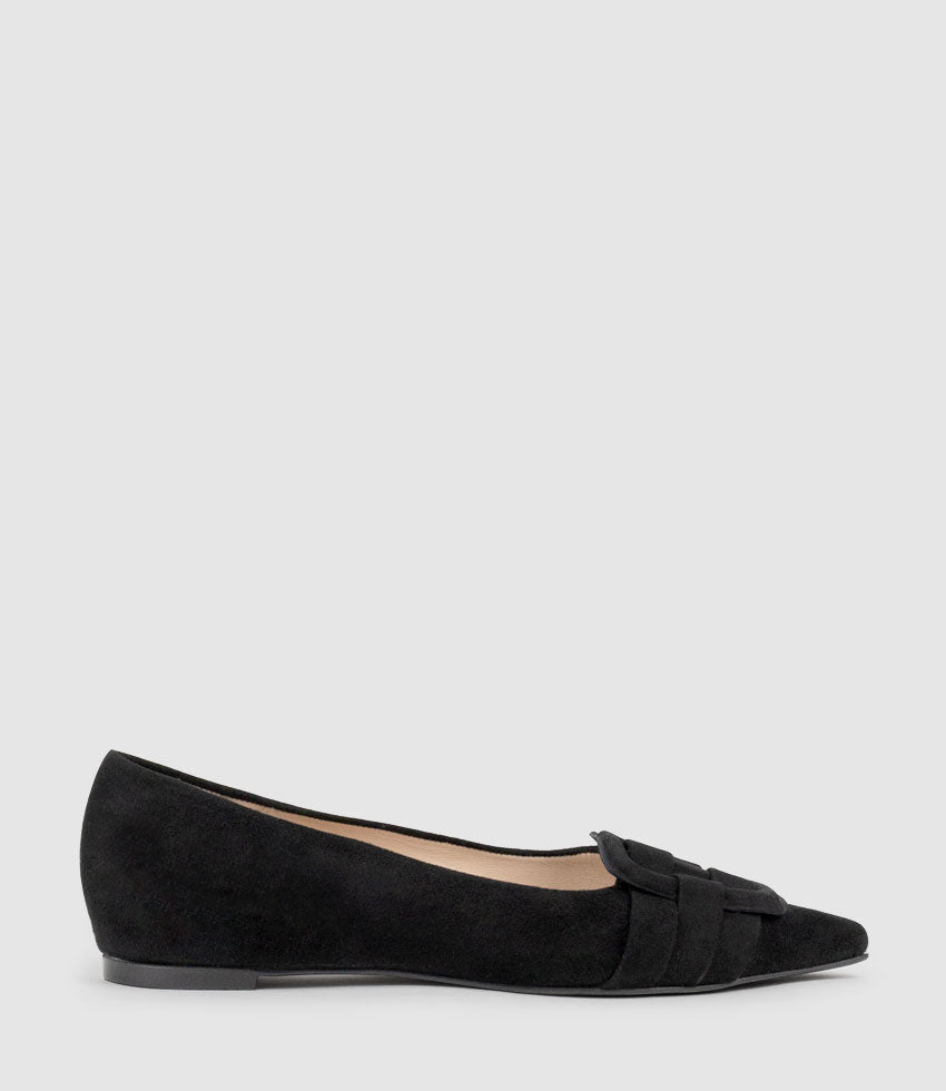 DESTRAFLAT Pointed Ballet with Buckle in Black Suede