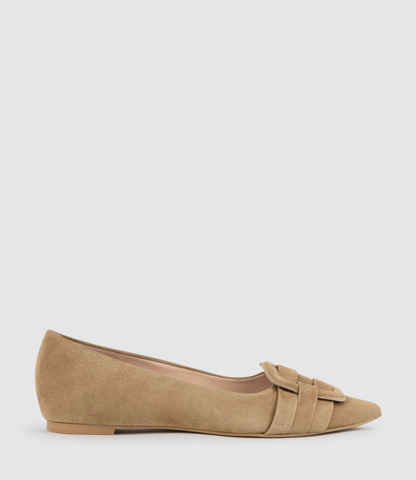 DESTRAFLAT Pointed Ballet with Buckle in Tan Suede - Edward Meller