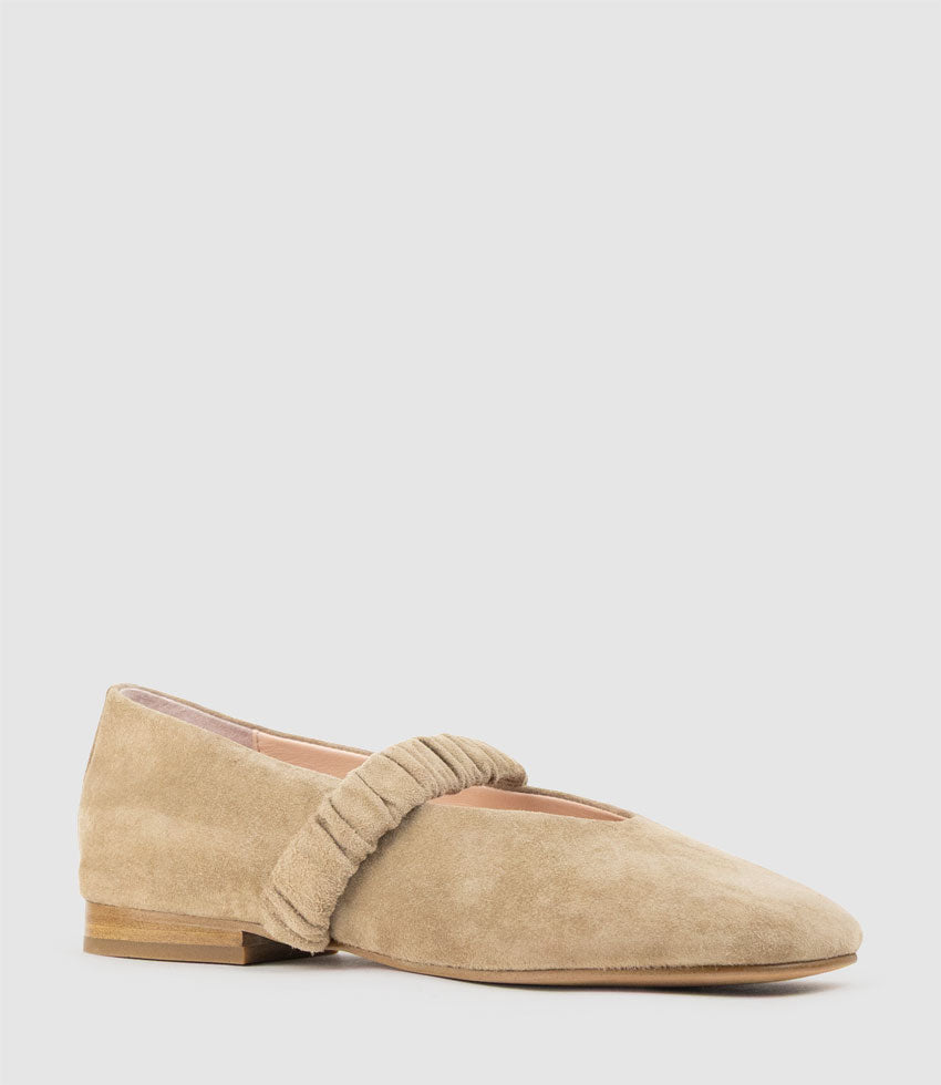 EDINA Ruched Strap Ballet in Camel Suede - Edward Meller