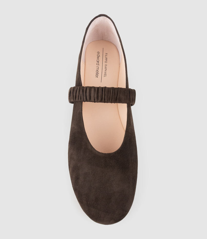 EDINA Ruched Strap Ballet in Chocolate Suede - Edward Meller
