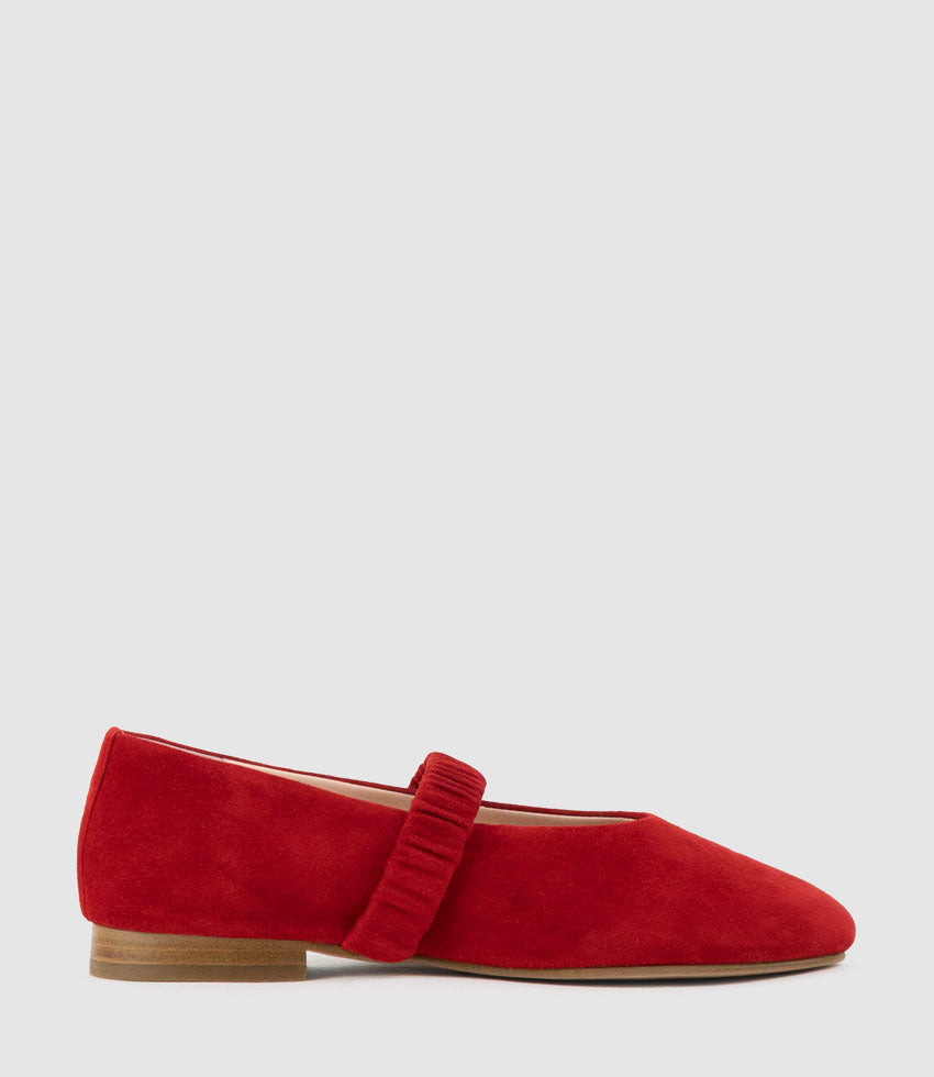 EDINA Ruched Strap Ballet in Red Suede - Edward Meller