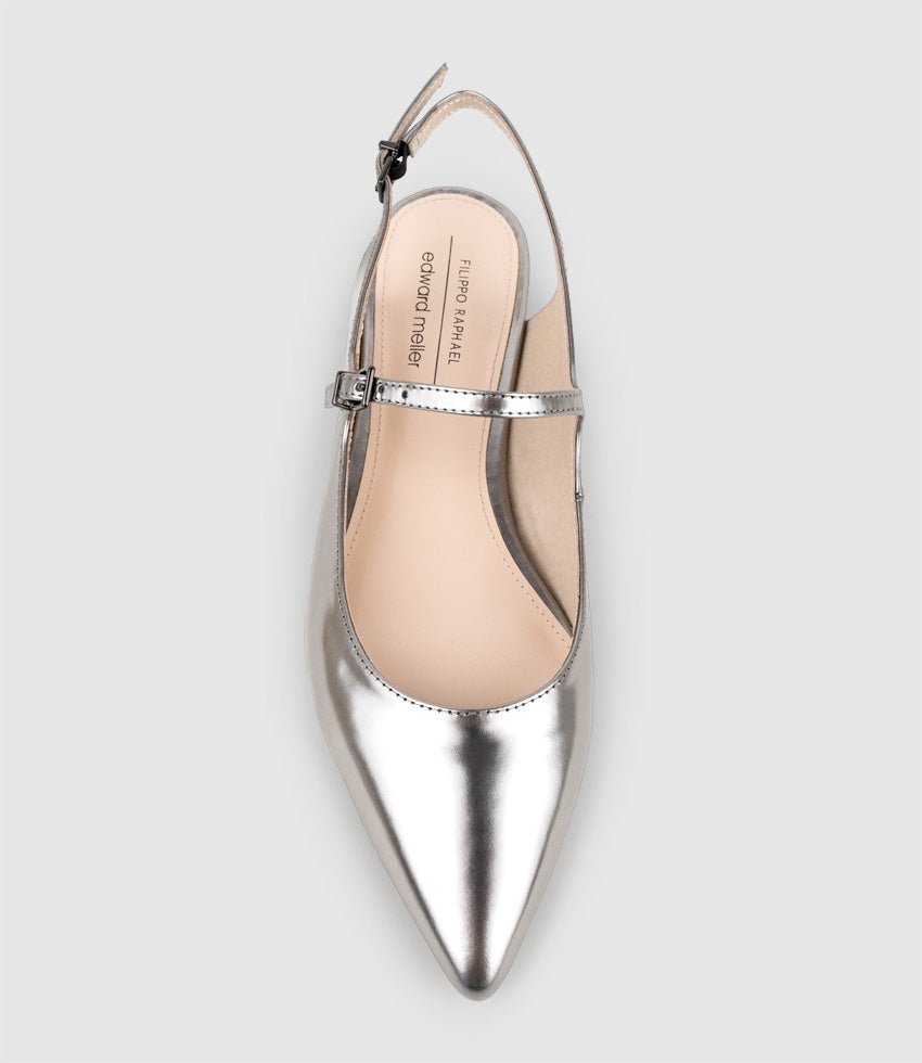 EUGENIA Flat Slingback with Strap in Pewter High Shine - Edward Meller