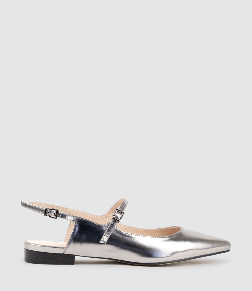EUGENIA Flat Slingback with Strap in Pewter High Shine - Edward Meller