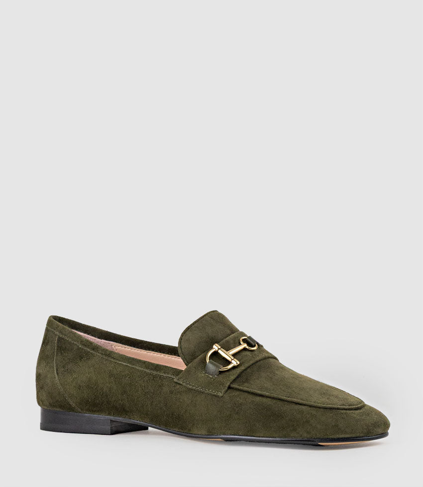 FAUSTINE Loafer with Asymmetrical Trim in Olive Suede - Edward Meller