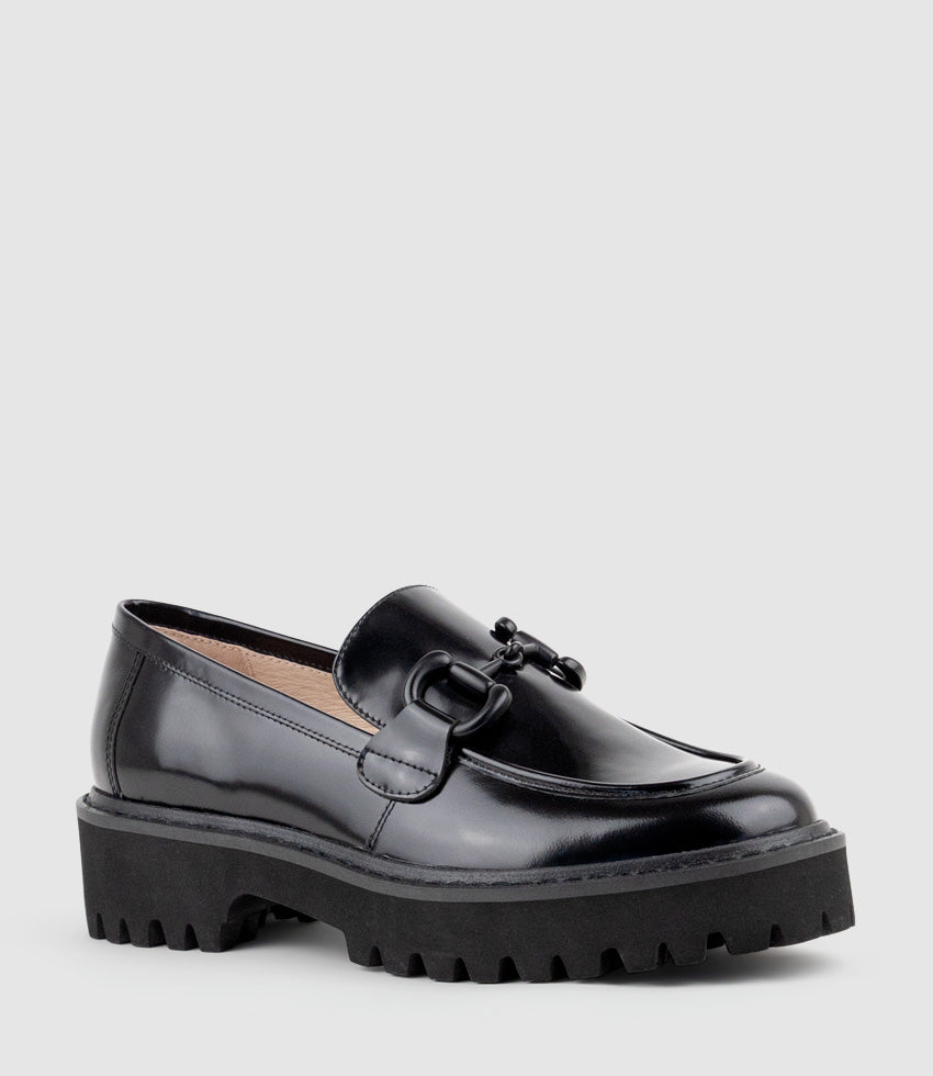 GIDEON Moccasin on Chunky Sole in Black High Shine - Edward Meller