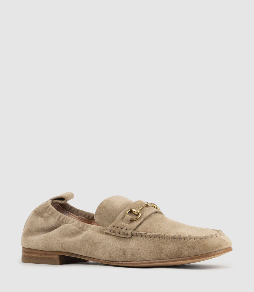 HARLOW Elastic Back Moccasin in Camel Suede