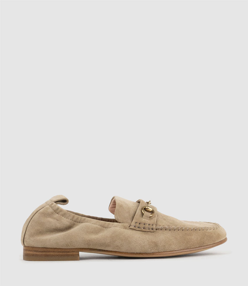 HARLOW Elastic Back Moccasin in Camel Suede