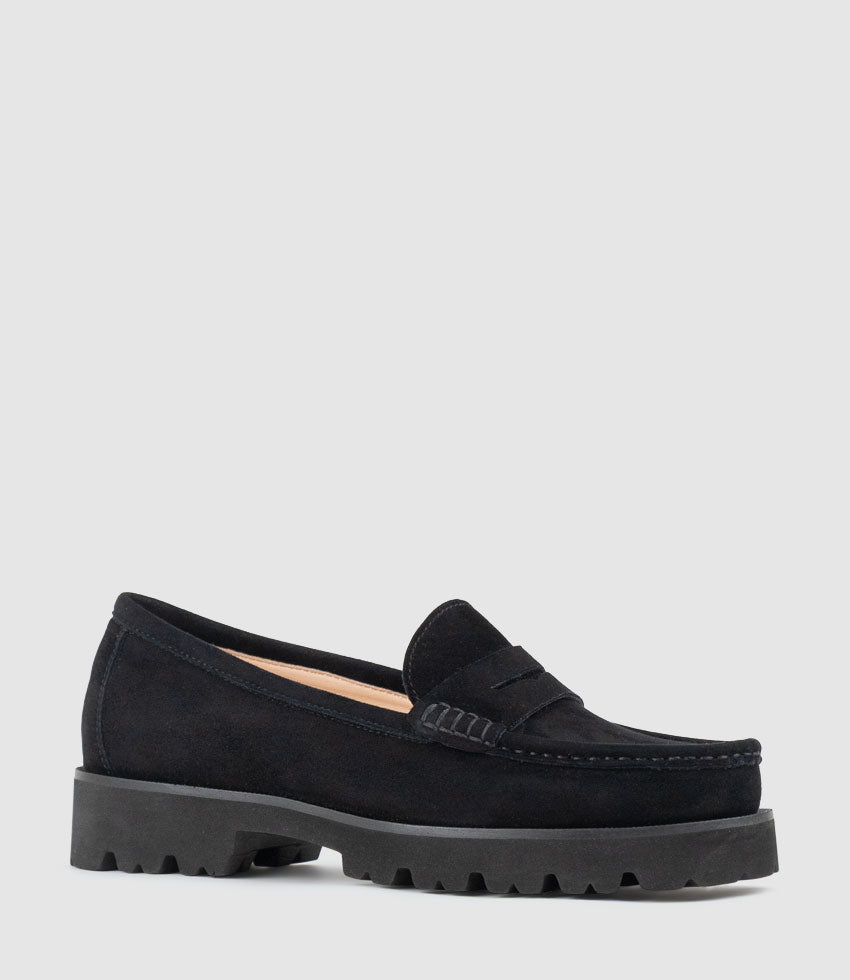 HENDRIX Penny Loafer on Chunky Sole in Black Suede - Edward Meller