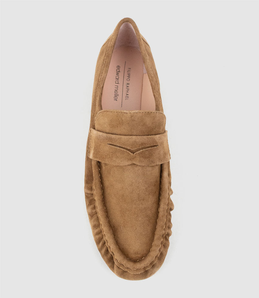 HYPER Ruched Moccasin in Tan Suede - Edward Meller