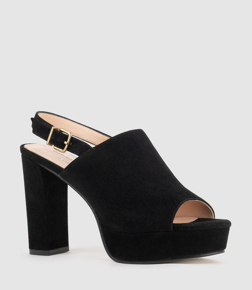 ILKA100 Plaform Mule with Backstrap in Black Suede - Edward Meller