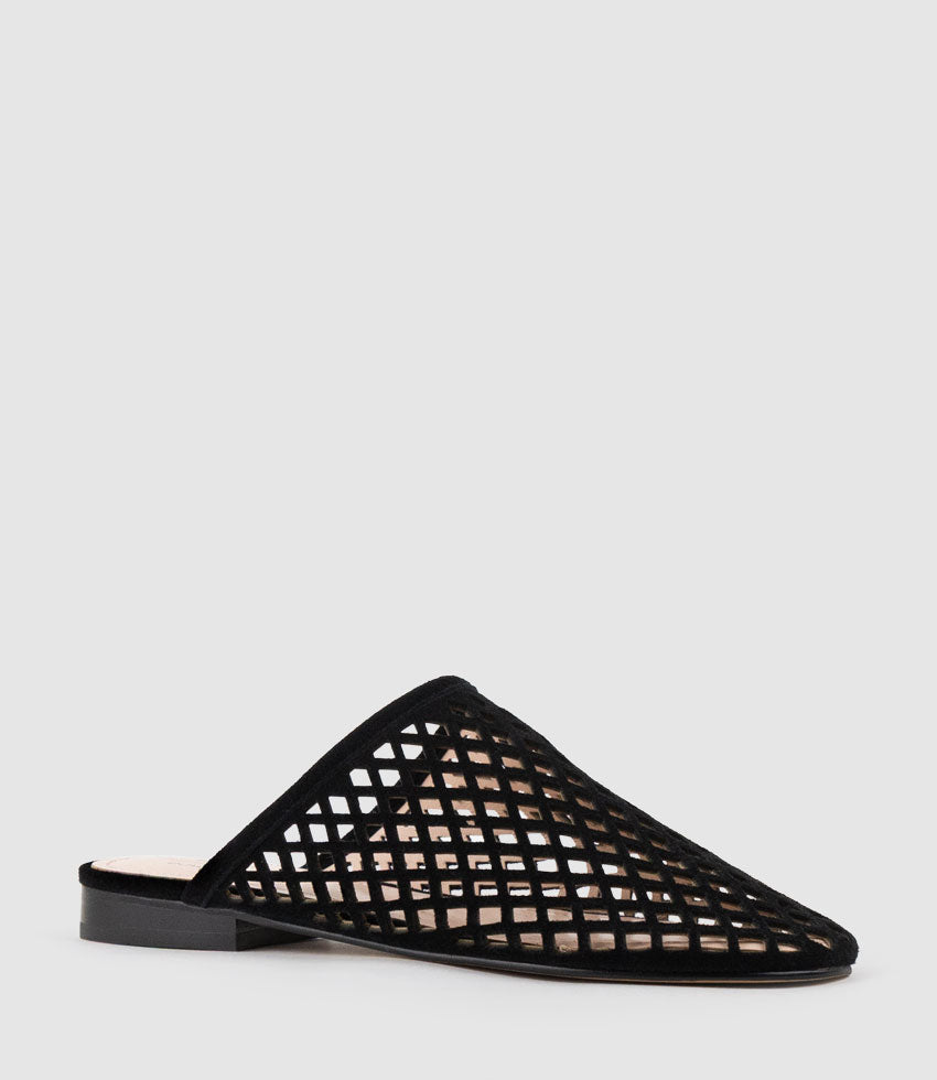 ILYA Laser Cut Slide in Black Suede - Edward Meller
