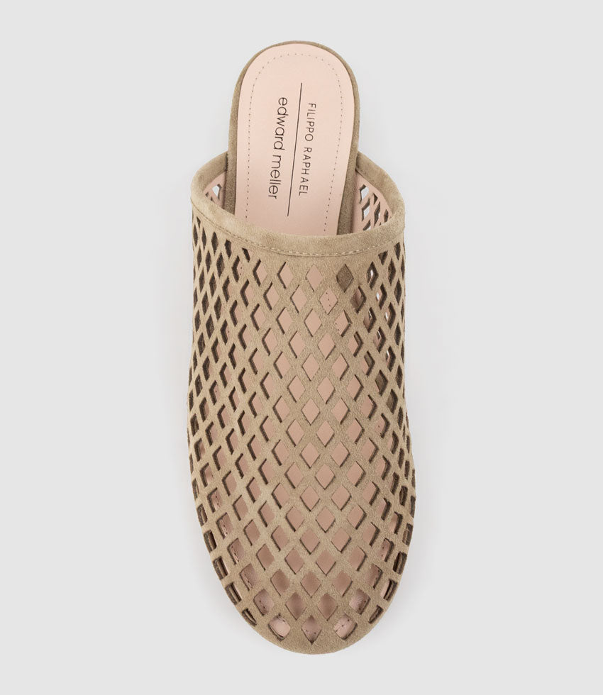 ILYA Laser Cut Slide in Camel Suede - Edward Meller