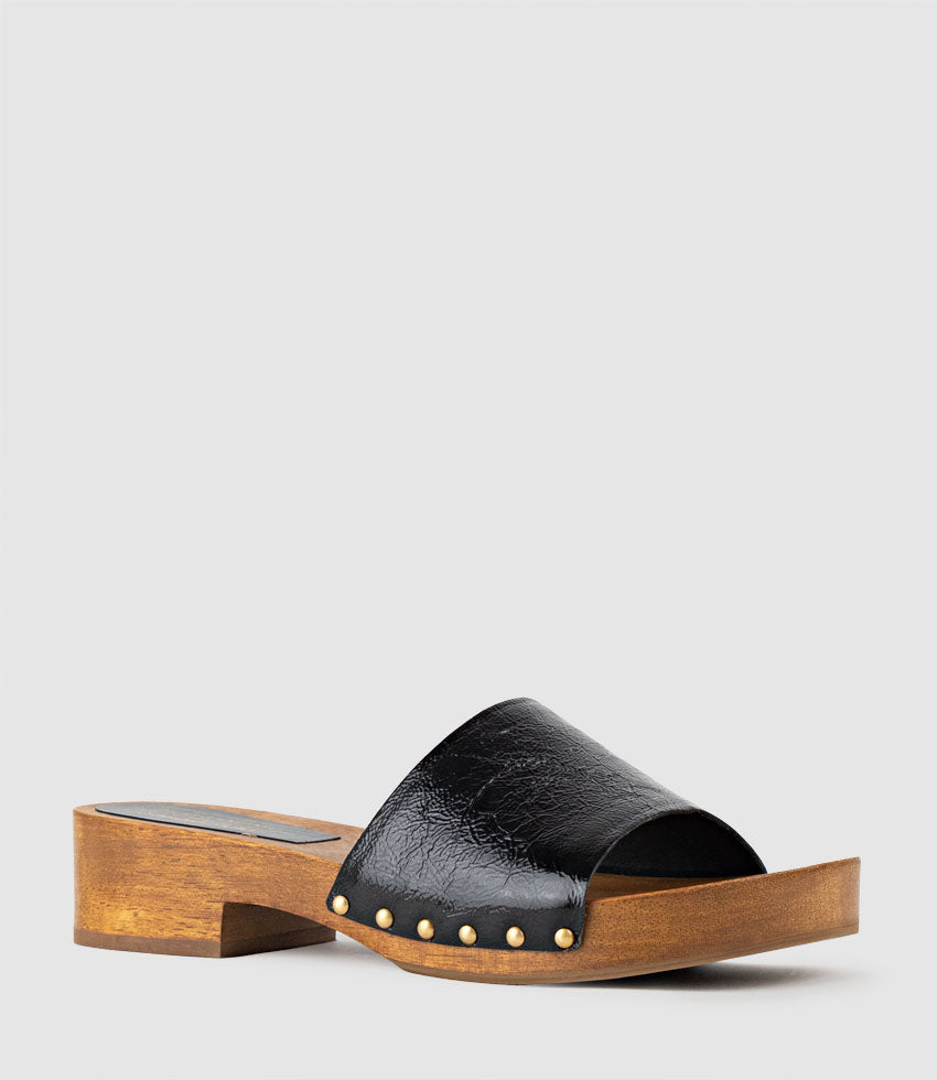 KAIA Slide on Wooden Clog in Black Patent - Edward Meller
