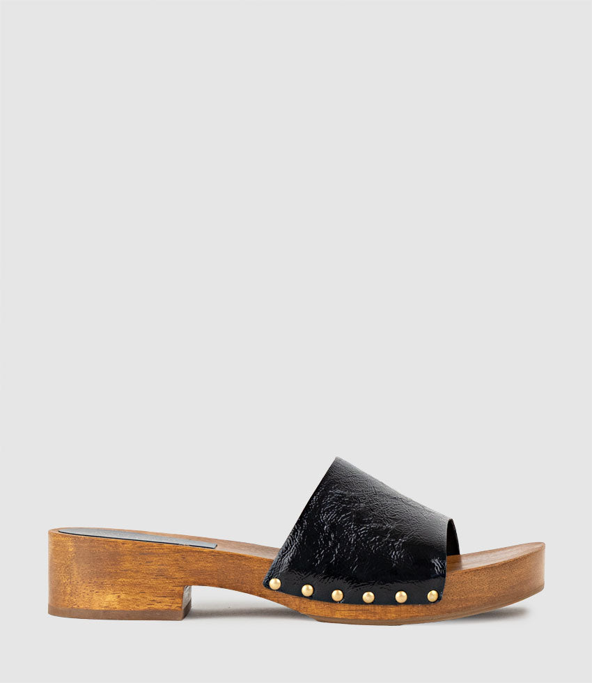KAIA Slide on Wooden Clog in Black Patent - Edward Meller