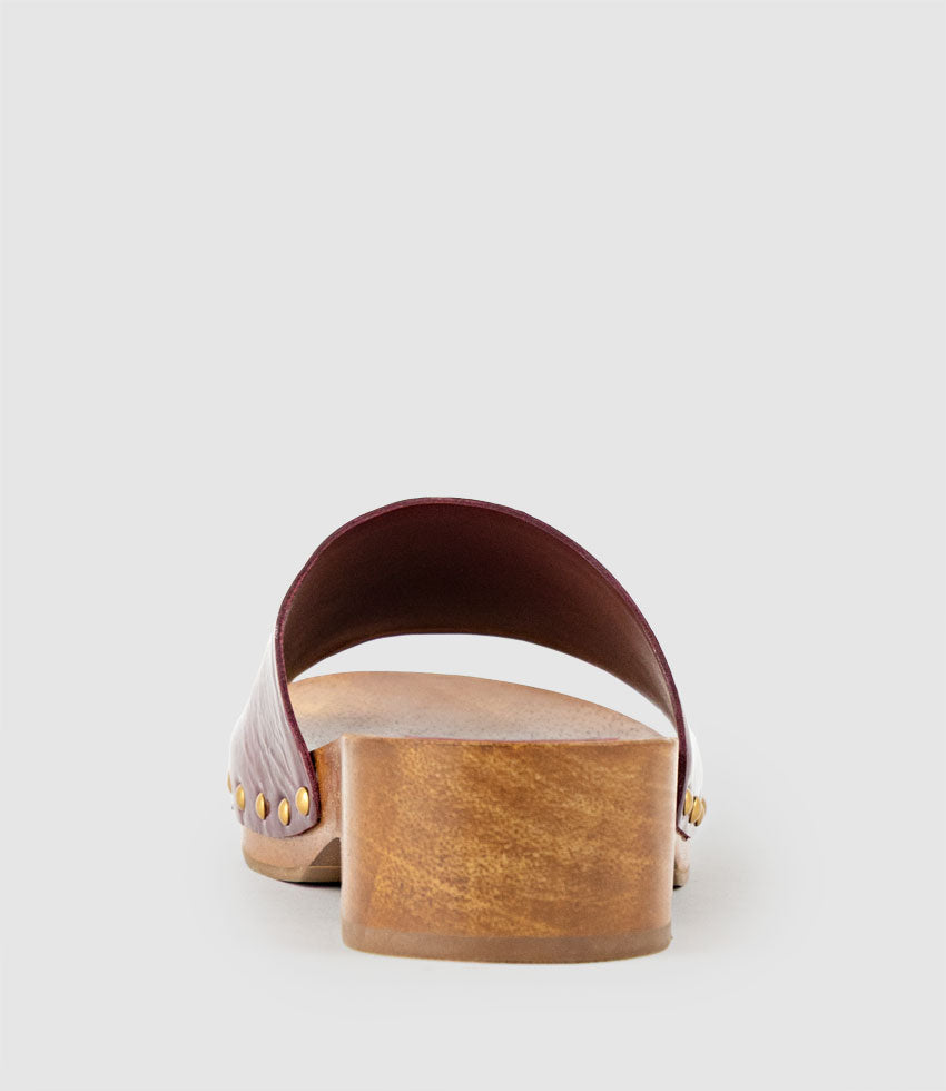KAIA Slide on Wooden Clog in Merlot Patent - Edward Meller