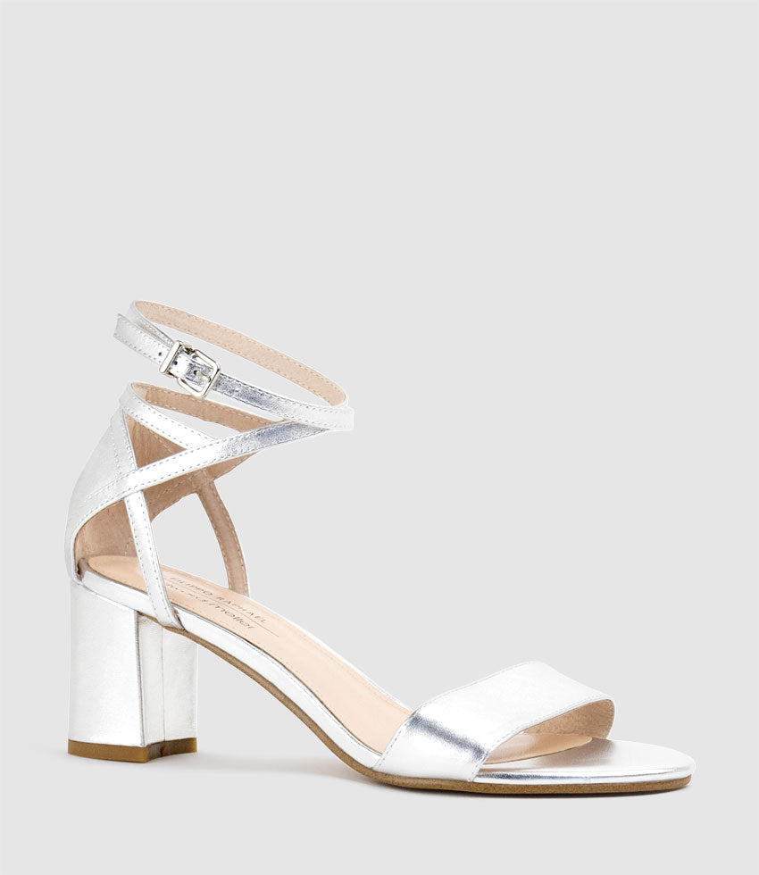 KENIA60 Block Heel Sandal with Hourglass Ankle Wrap in Silver - Edward Meller