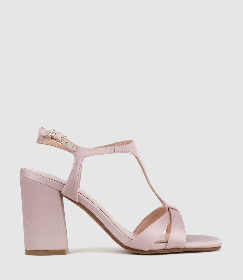 KHLOE85 Block Heel T-Bar Sandal in Blush Satin - Edward Meller