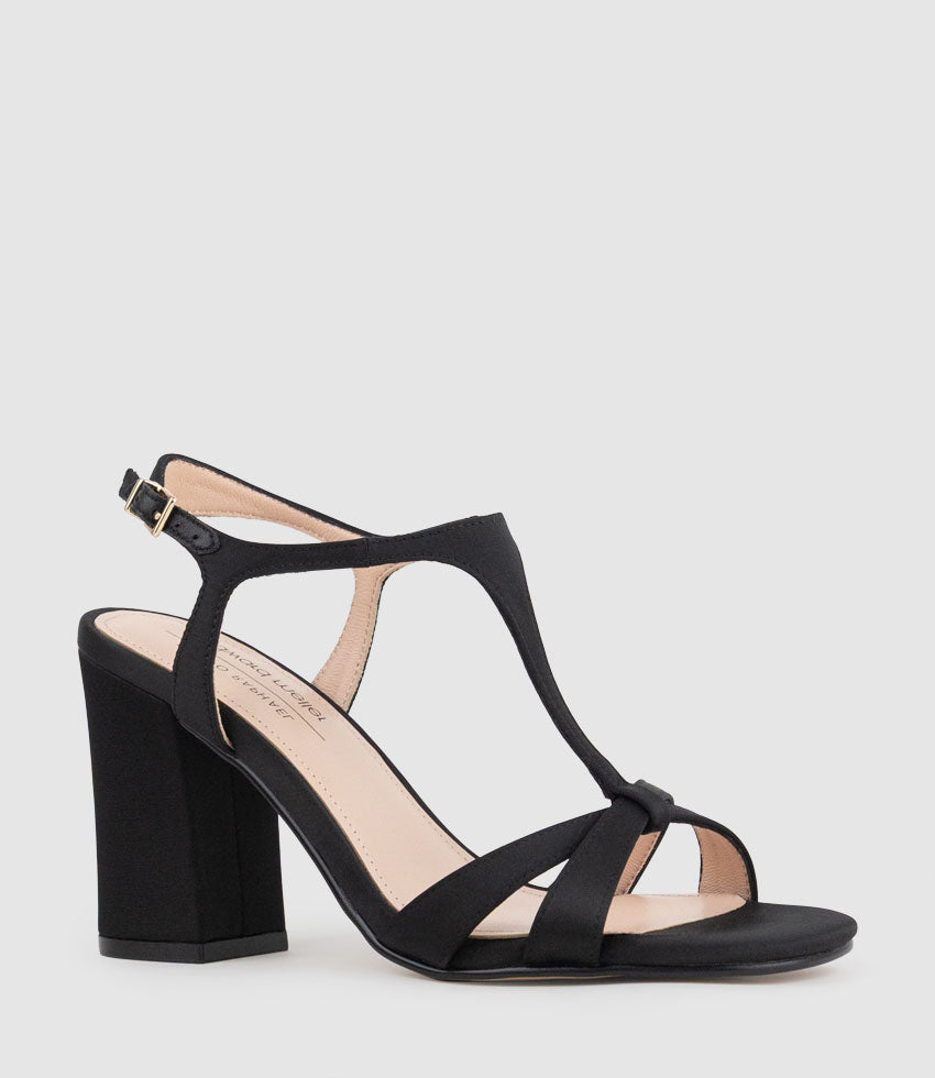 KHLOE85 Block Heel T-Bar Sandal in Black Satin - Edward Meller