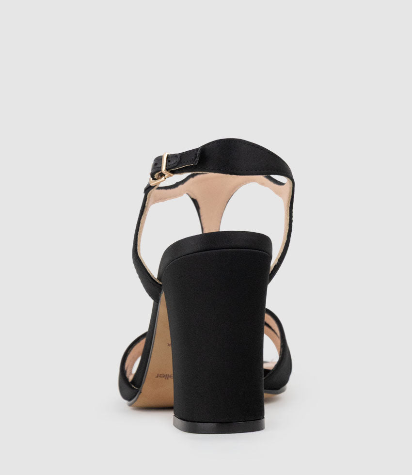 KHLOE85 Block Heel T-Bar Sandal in Black Satin - Edward Meller