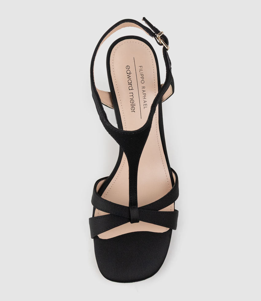 KHLOE85 Block Heel T-Bar Sandal in Black Satin - Edward Meller