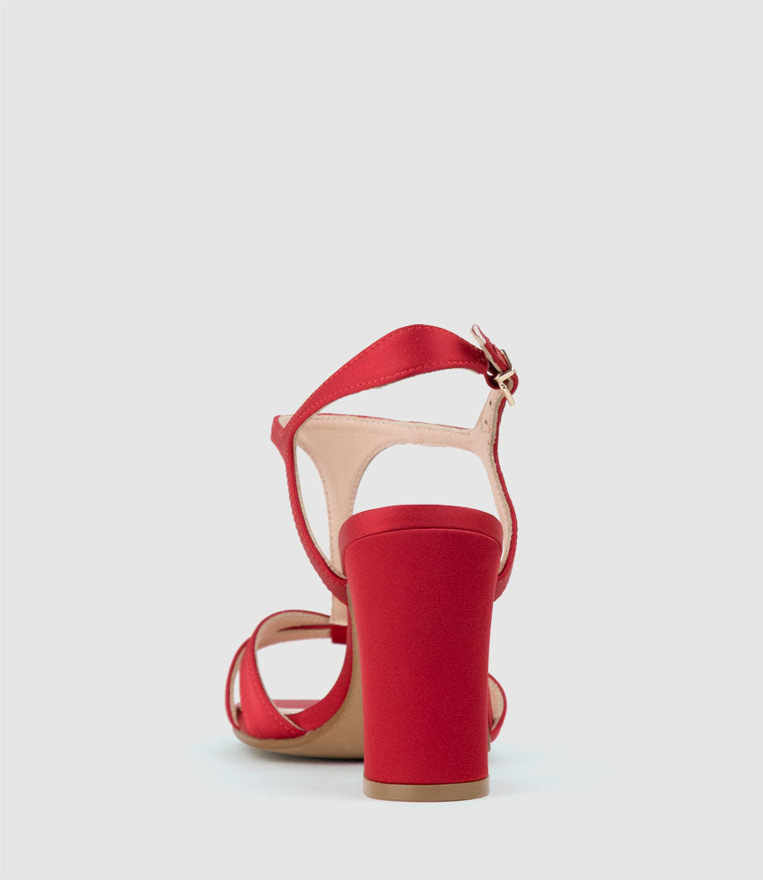 KHLOE85 Block Heel T-Bar Sandal in Red Satin - Edward Meller