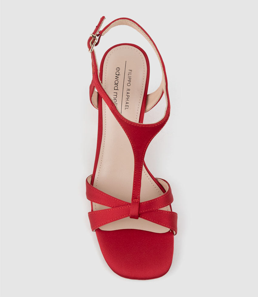 KHLOE85 Block Heel T-Bar Sandal in Red Satin - Edward Meller