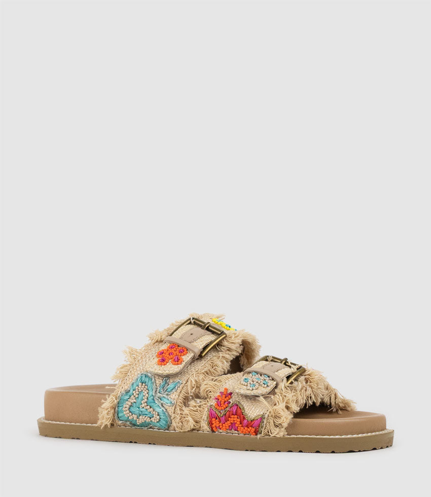 KIMORA Embroidered Slide in Raffia - Edward Meller