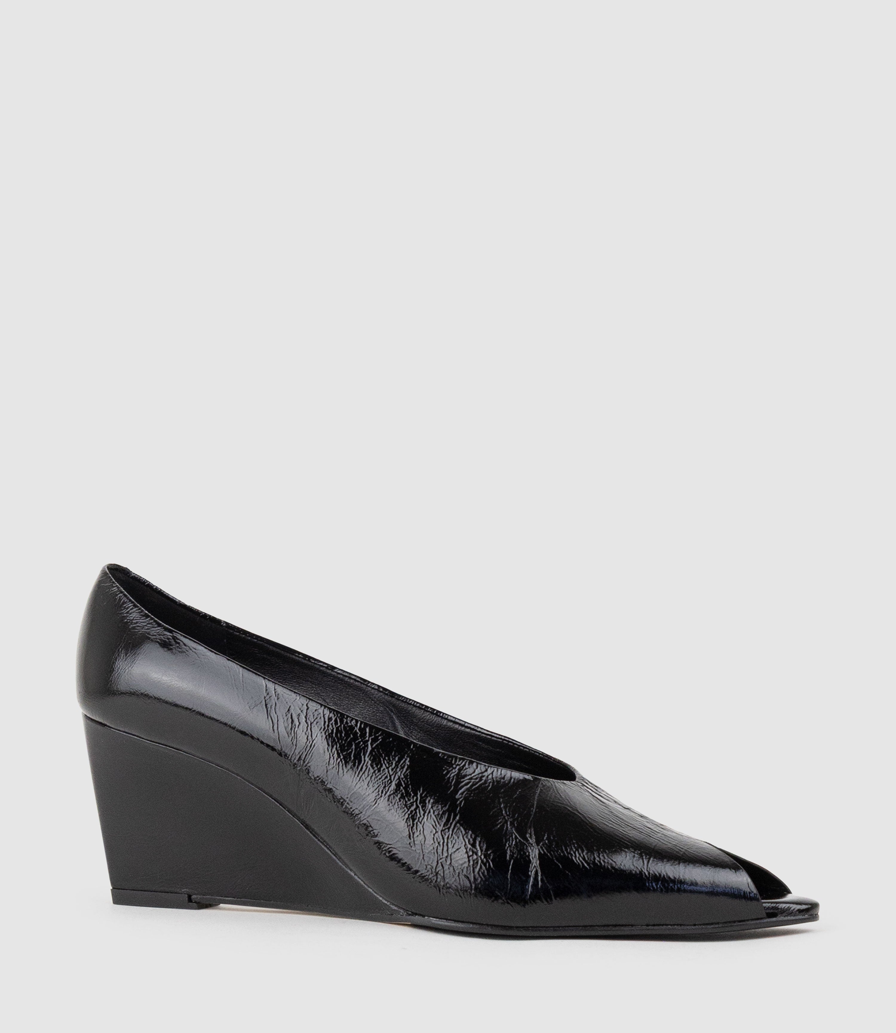 LANVERE65 Peep Toe Pump on Wedge in Black Crinkle Patent