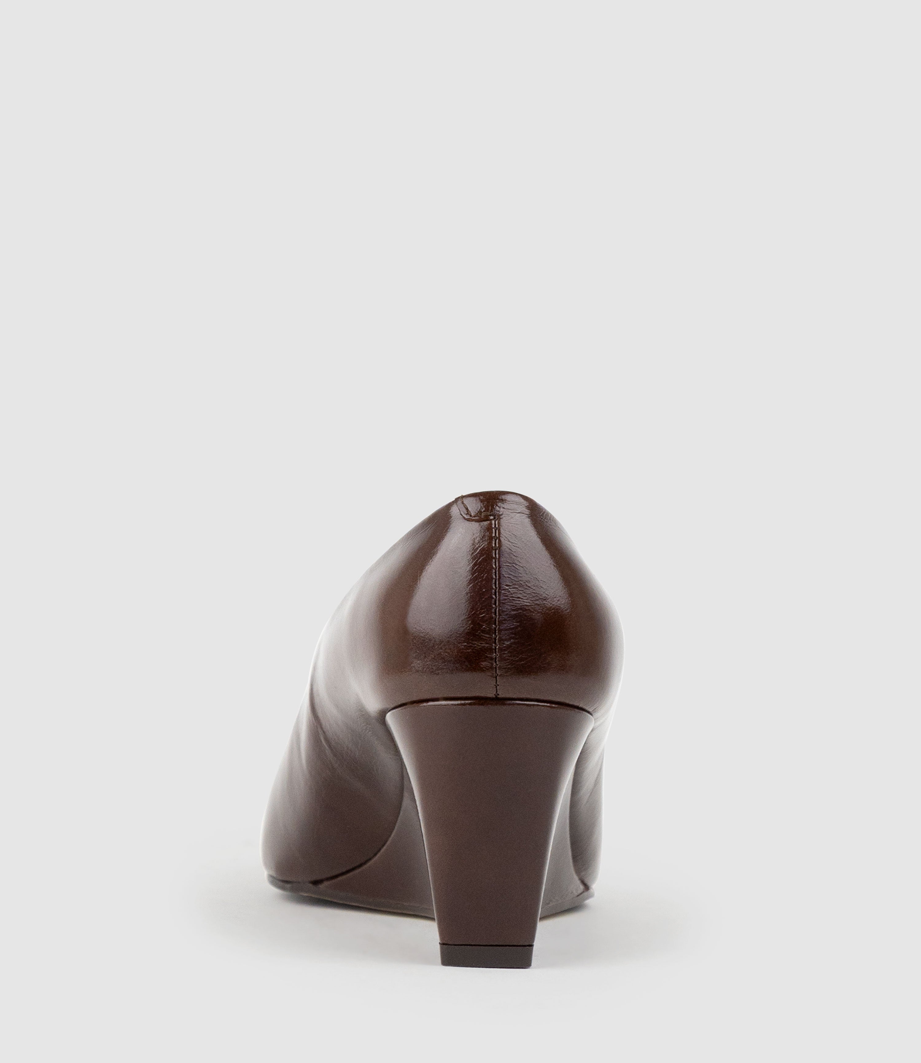 LANVERE65 Peep Toe Pump on Wedge in Chocolate Crinkle Patent