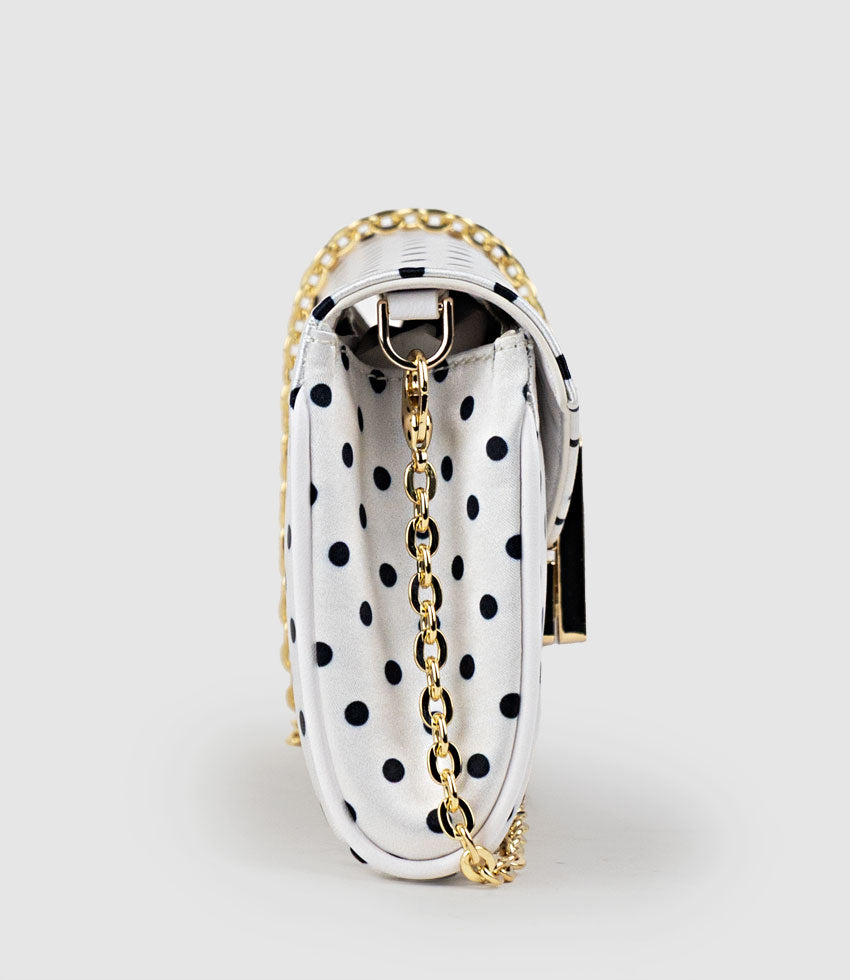 NAIA Foldover Clutch in White Polkadot Satin - Edward Meller