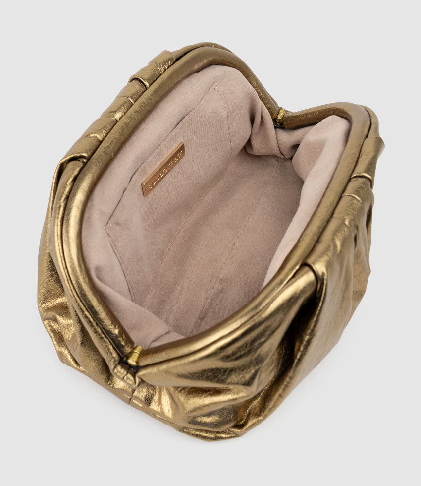 NEVA Ruched Frame Clutch in Brass - Edward Meller