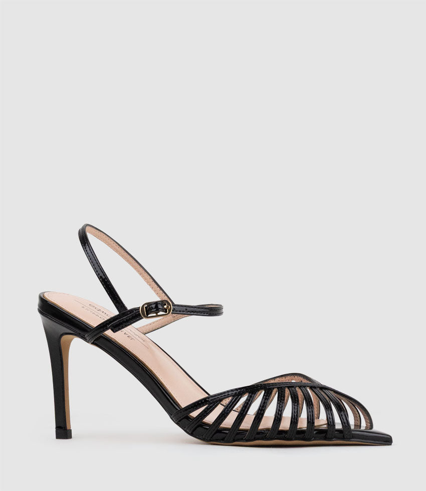 OLIVIA85 Pointed Open Toe Strappy Sandal in Black Patent - Edward Meller