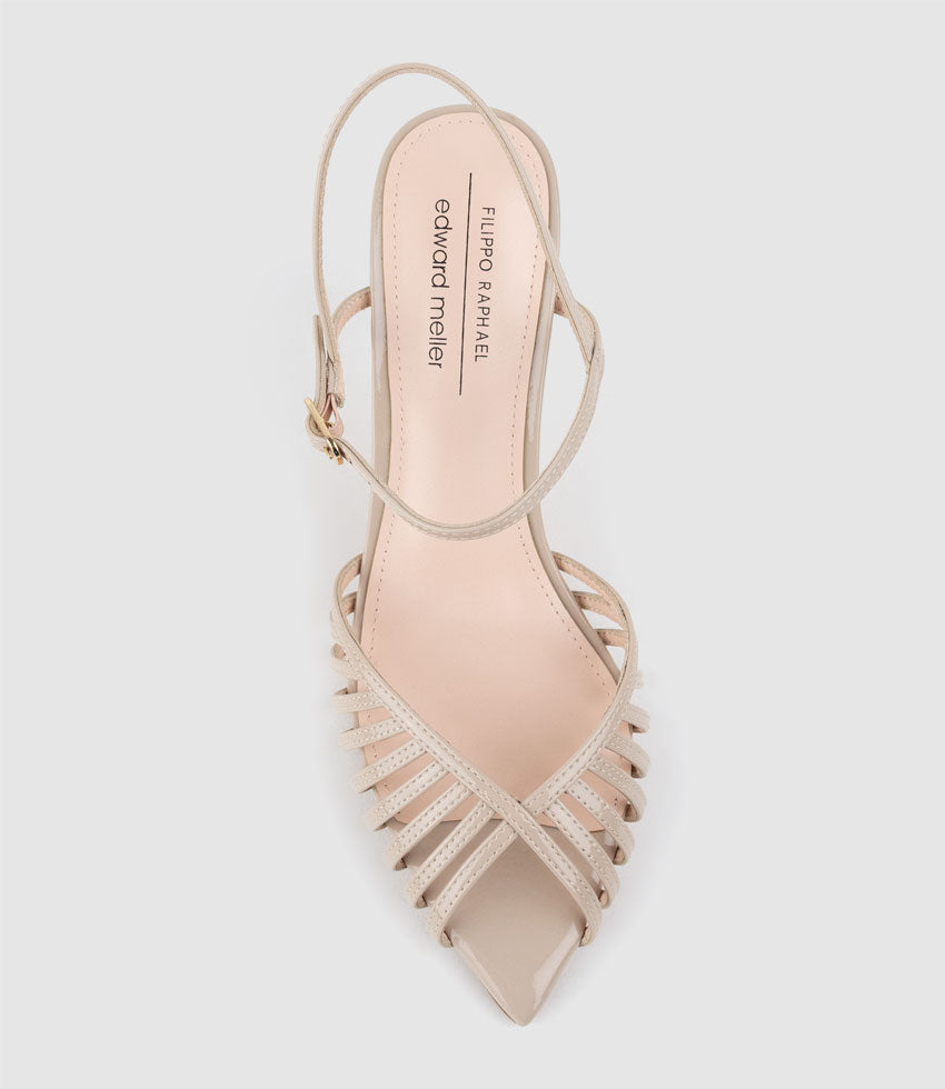 OLIVIA85 Pointed Open Toe Strappy Sandal in Blush Patent - Edward Meller