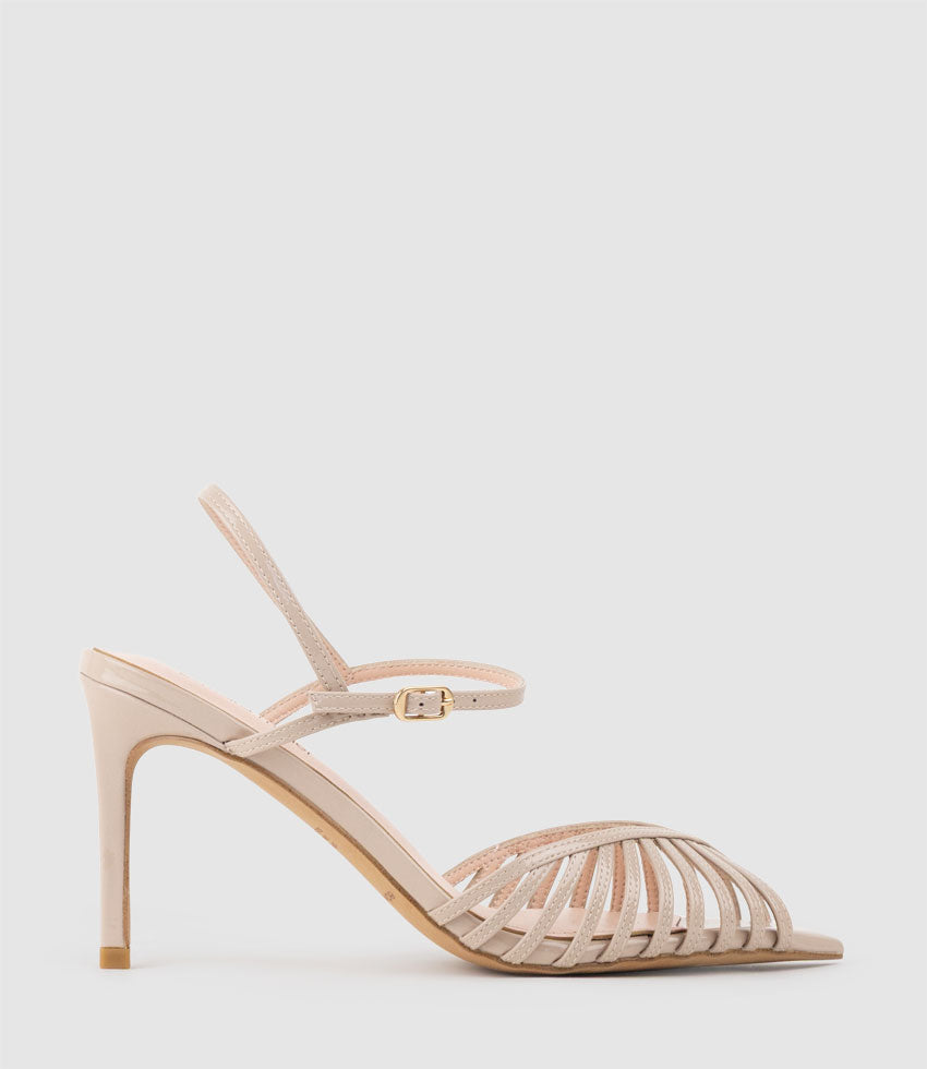 OLIVIA85 Pointed Open Toe Strappy Sandal in Blush Patent - Edward Meller