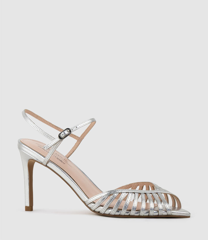 OLIVIA85 Pointed Open Toe Strappy Sandal in Silver - Edward Meller