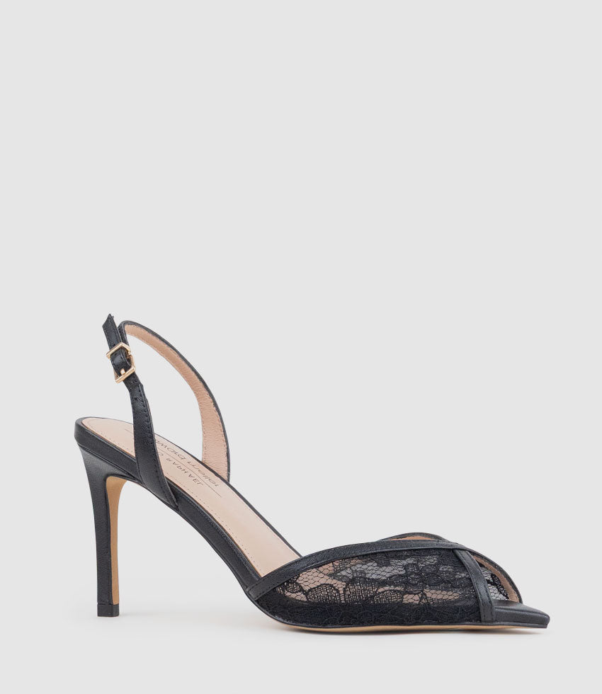 OREGAN85 Pointed Open Toe Lace Sandal in Black - Edward Meller