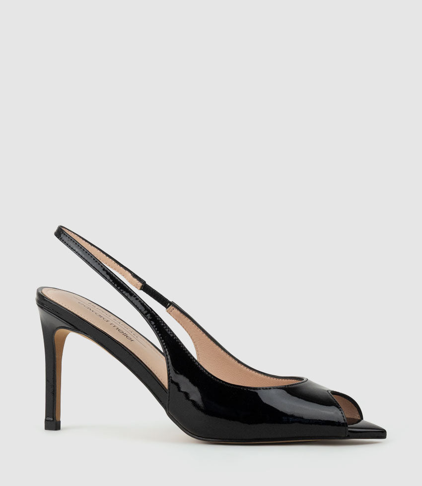 ORTEGA85 Pointed Peep Toe Slingback in Black Patent - Edward Meller
