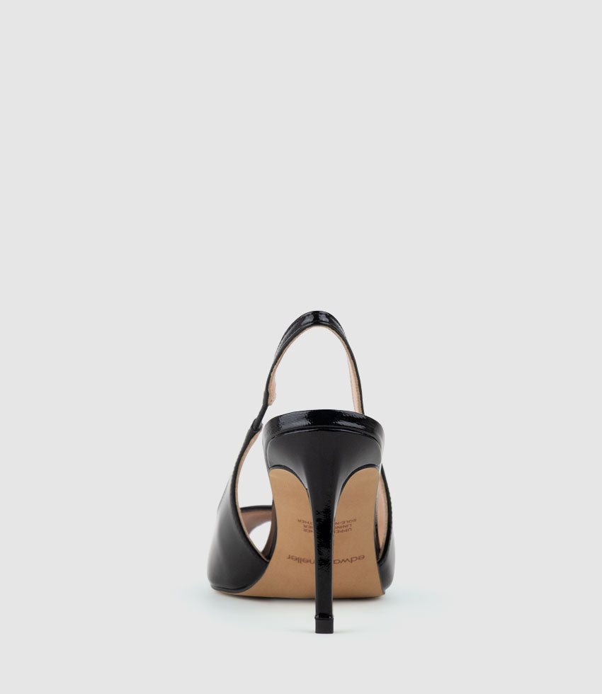 ORTEGA85 Pointed Peep Toe Slingback in Black Patent - Edward Meller