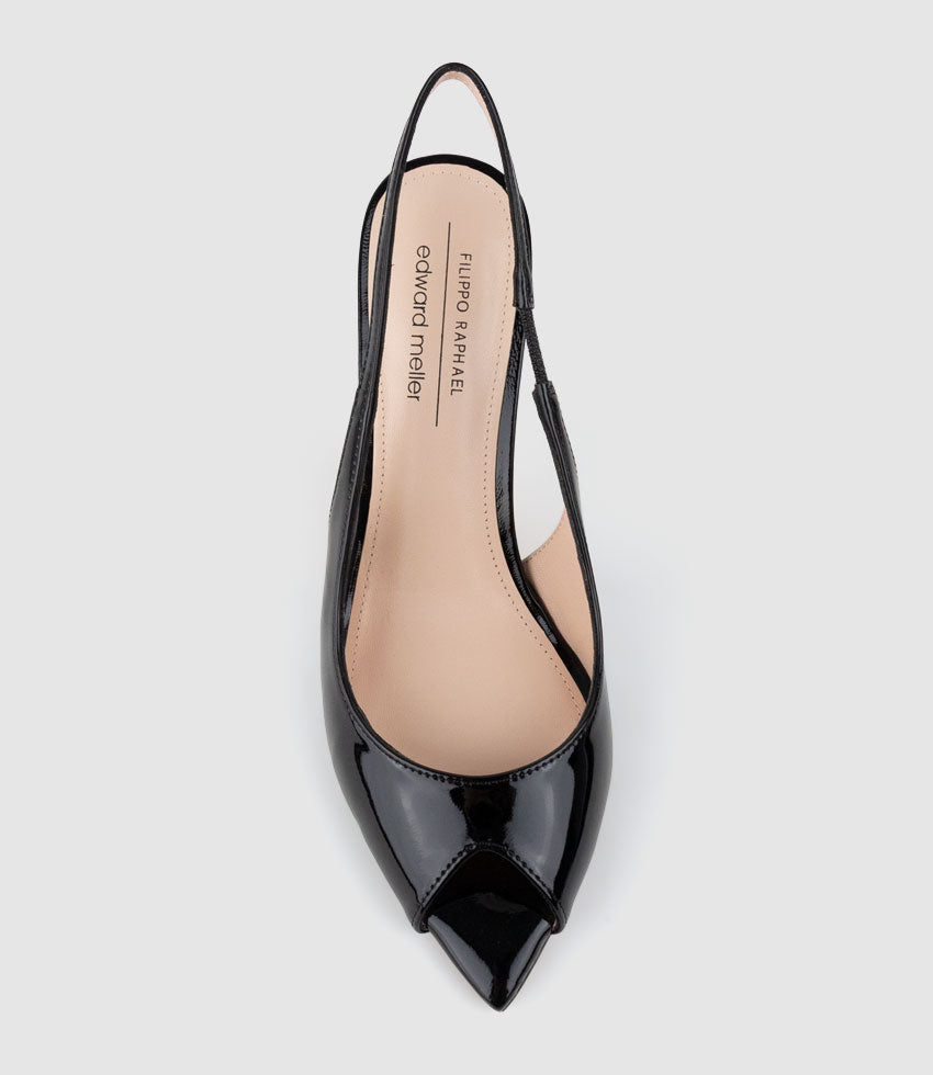 ORTEGA85 Pointed Peep Toe Slingback in Black Patent - Edward Meller