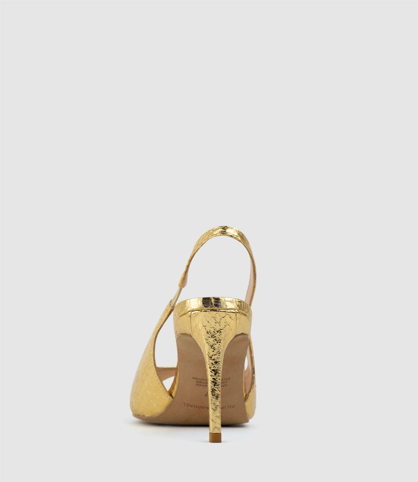 ORTEGA85 Pointed Peep Toe Slingback in Gold Snake - Edward Meller