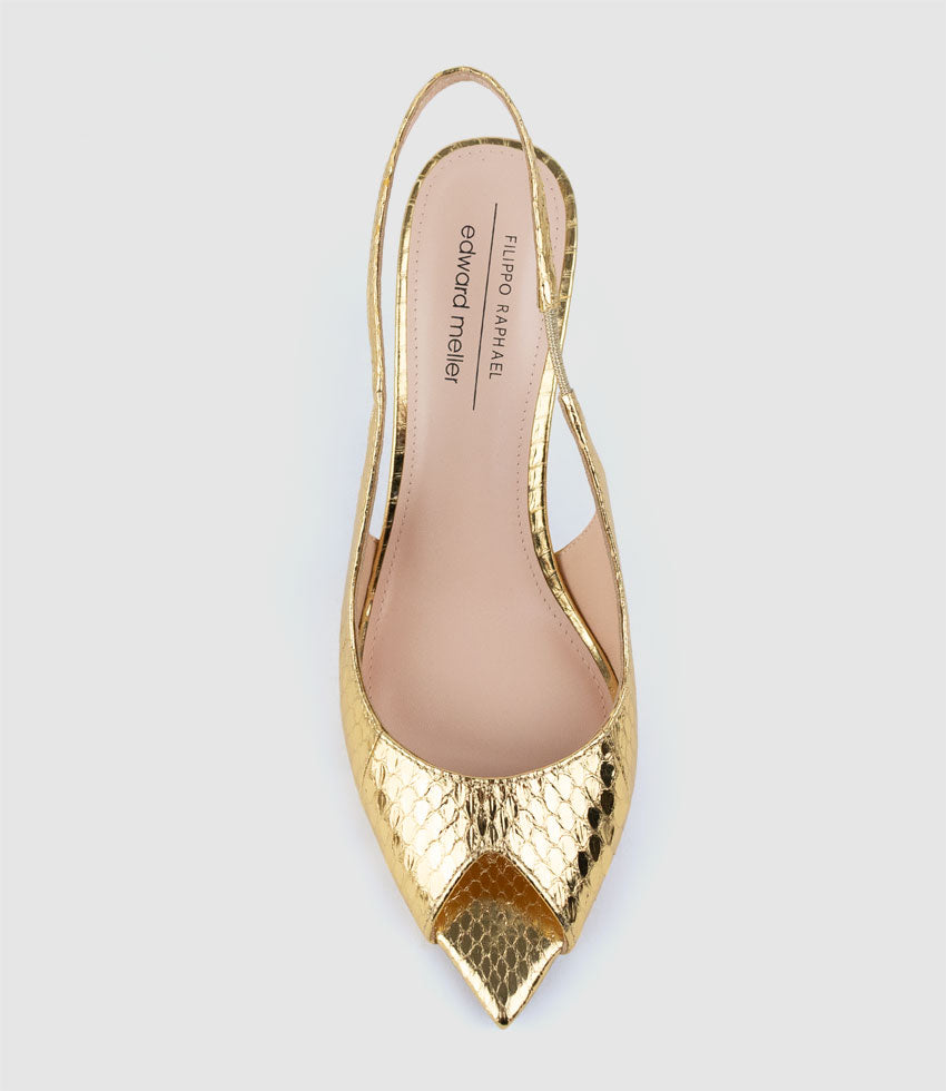 ORTEGA85 Pointed Peep Toe Slingback in Gold Snake - Edward Meller