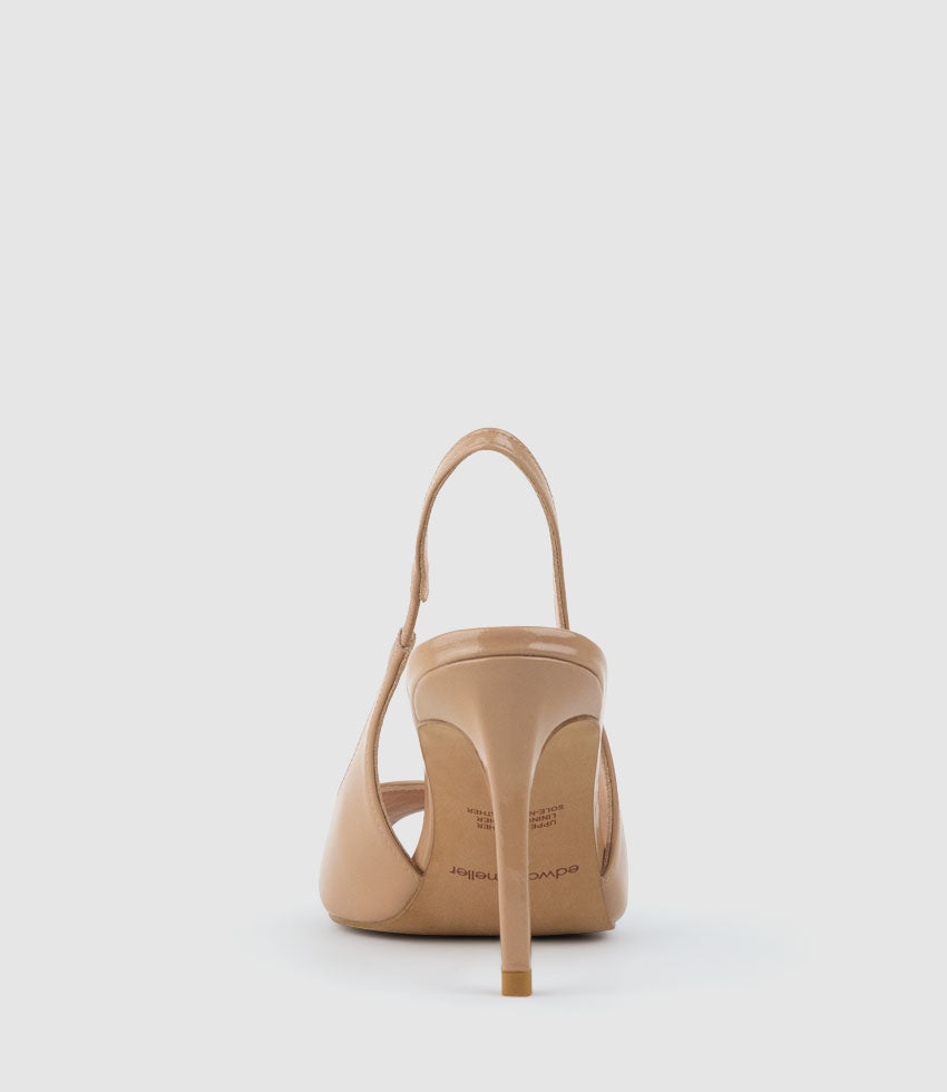 ORTEGA85 Pointed Peep Toe Slingback in Nude Patent - Edward Meller
