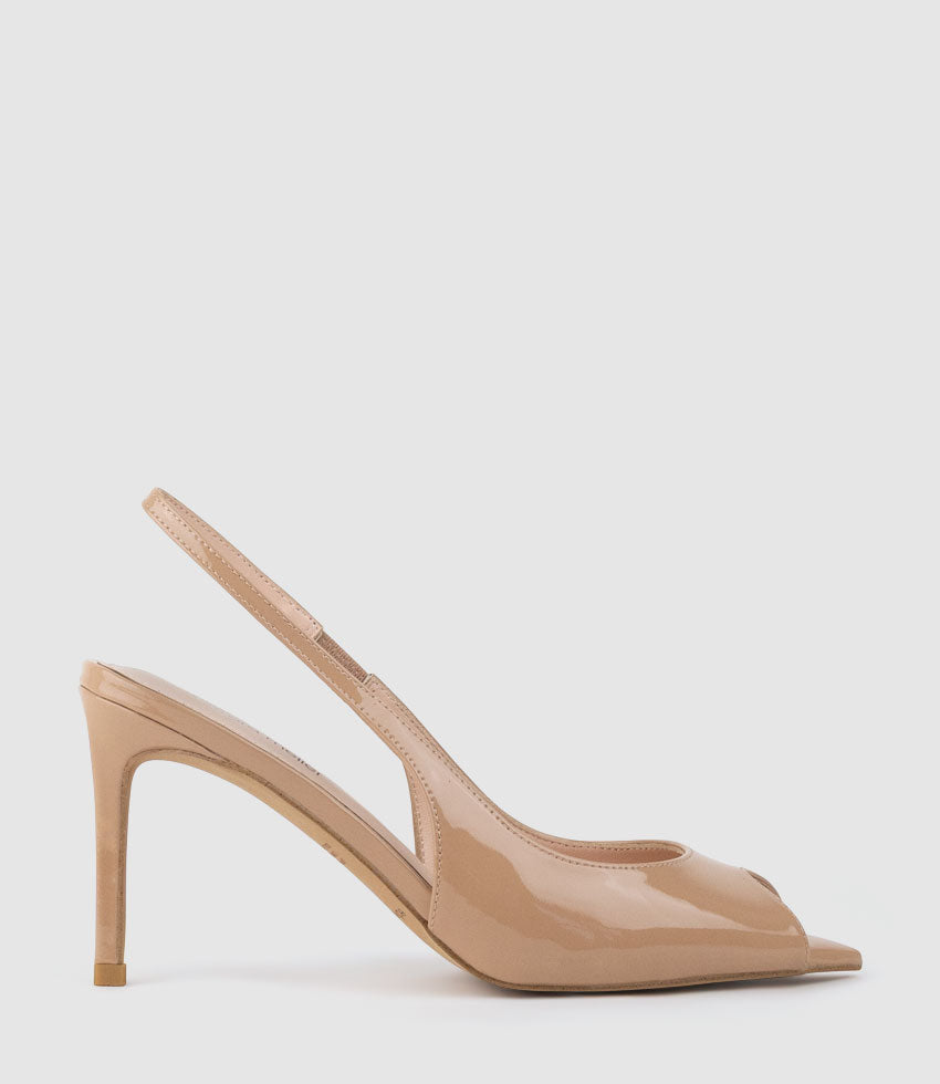 ORTEGA85 Pointed Peep Toe Slingback in Nude Patent - Edward Meller